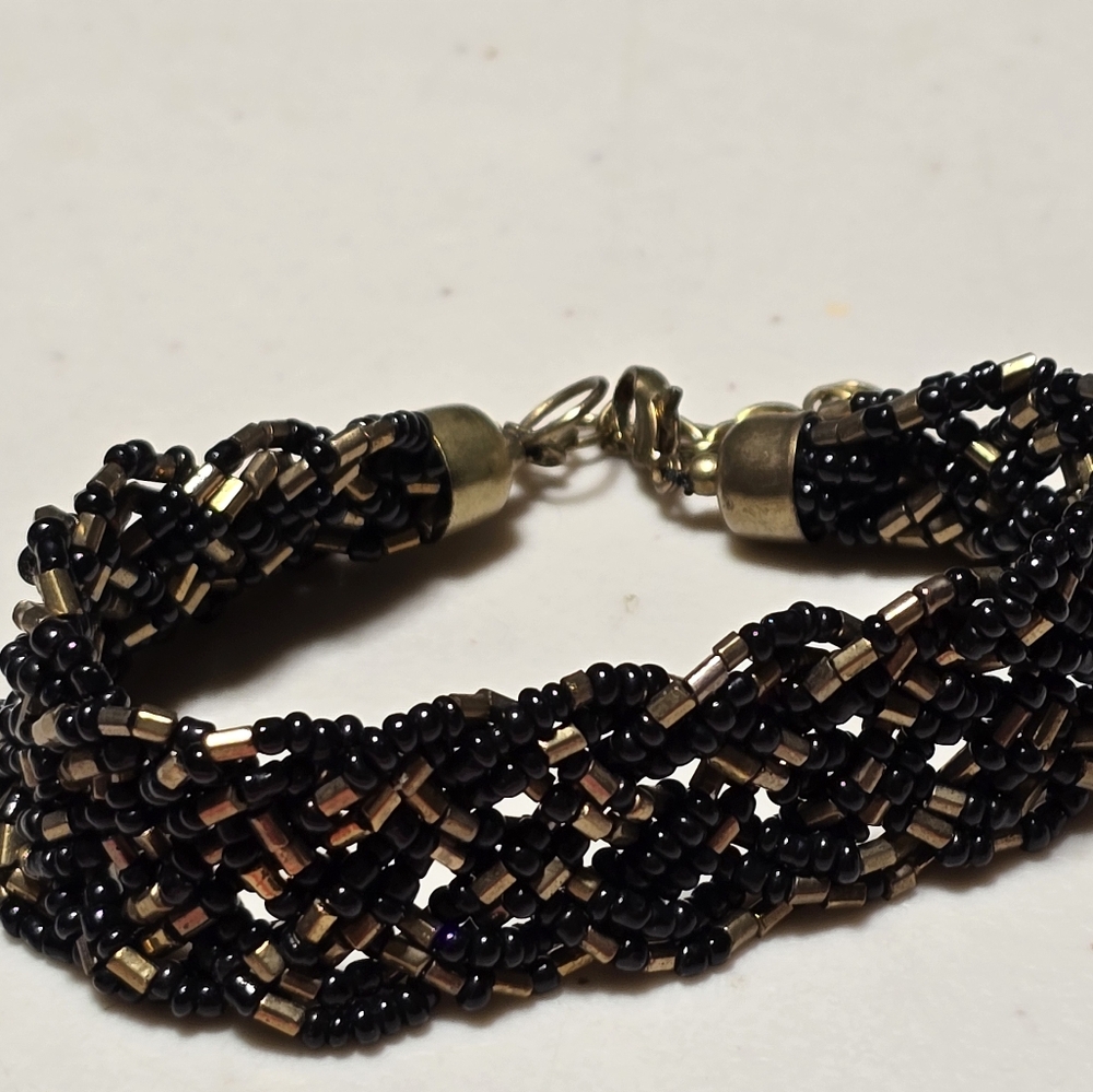 Vintage Gold & Black Glass Seed Beaded Multistrand Bracelet